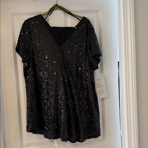 Roaman's Black Sequin V-Neck Top NEW